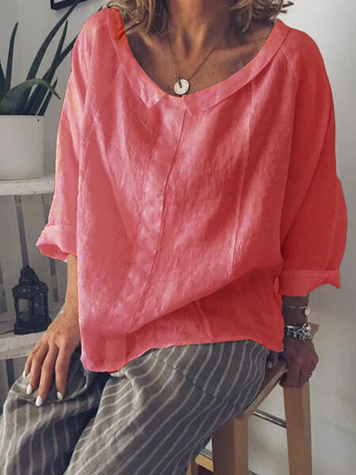 Women's Solid Color Small Lapel Pullover Cotton Linen Shirt