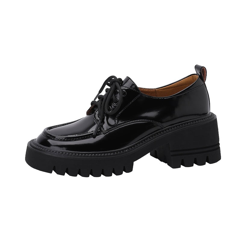 British Style Chunky Block Heel Derby Shoes Lace-Up Casual Oxford Shoes in Black/Beige