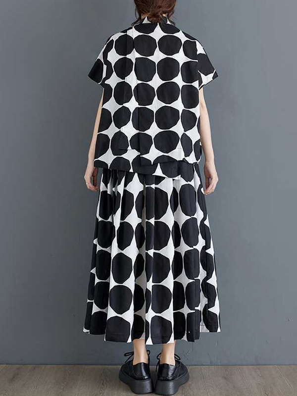 Loose Short Sleeves Buttoned Polka-Dot Lapel Blouse Tops Skirts Bottoms Two Pieces Set