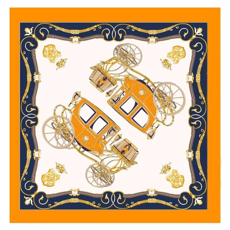 130cm Twill Silk Square Scarf Symmetrical Carriage Print Headscarf