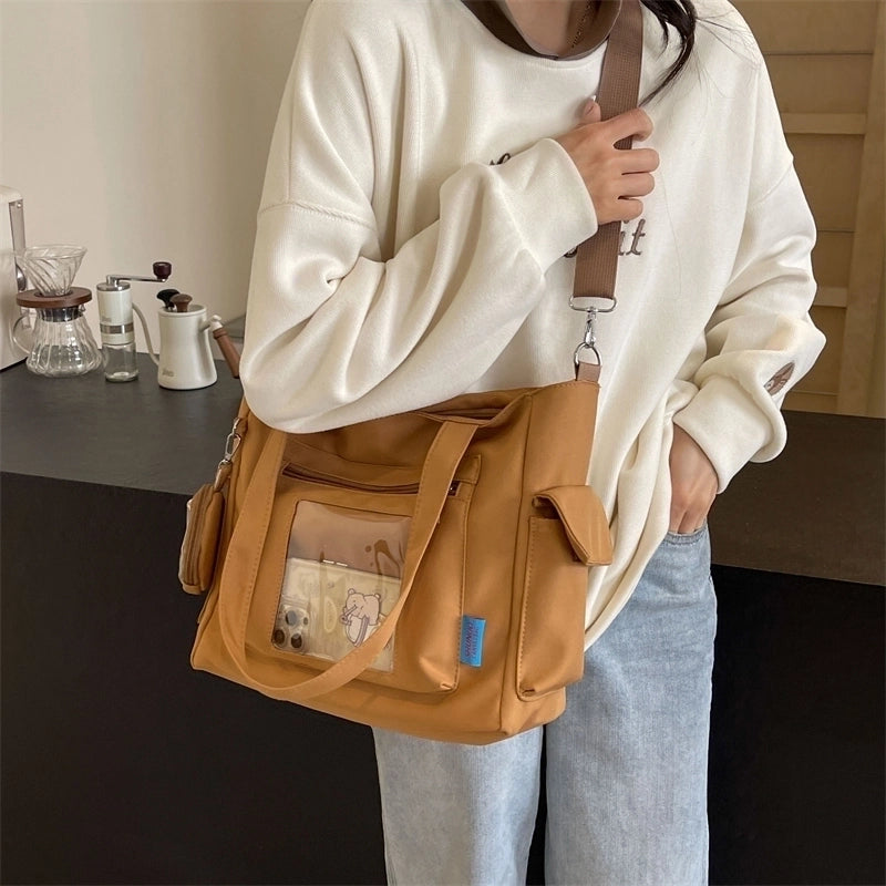 Women's Large Canvas Solid Color Preppy Style Classic Style Zipper Tote Bag