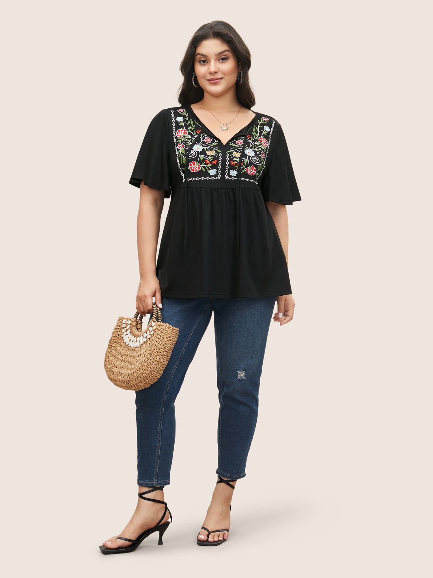 Floral Embroidered Tie Knot Gathered T-shirt
