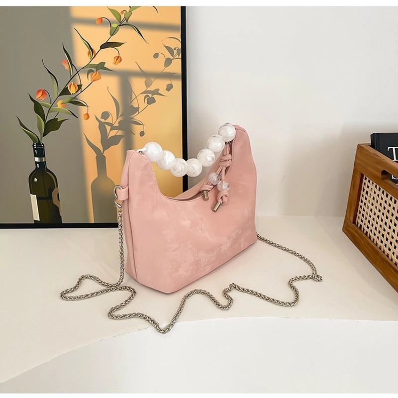 Women's Small Pu Leather Solid Color Classic Style Streetwear Beading Pillow Shape Zipper Underarm Bag