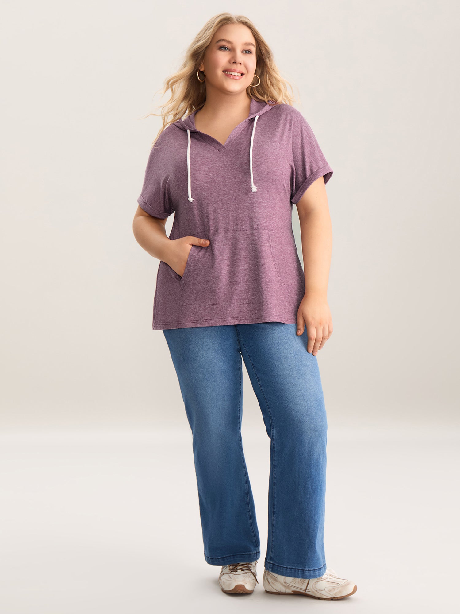 Hooded Pockets Ties Plain T-Shirt