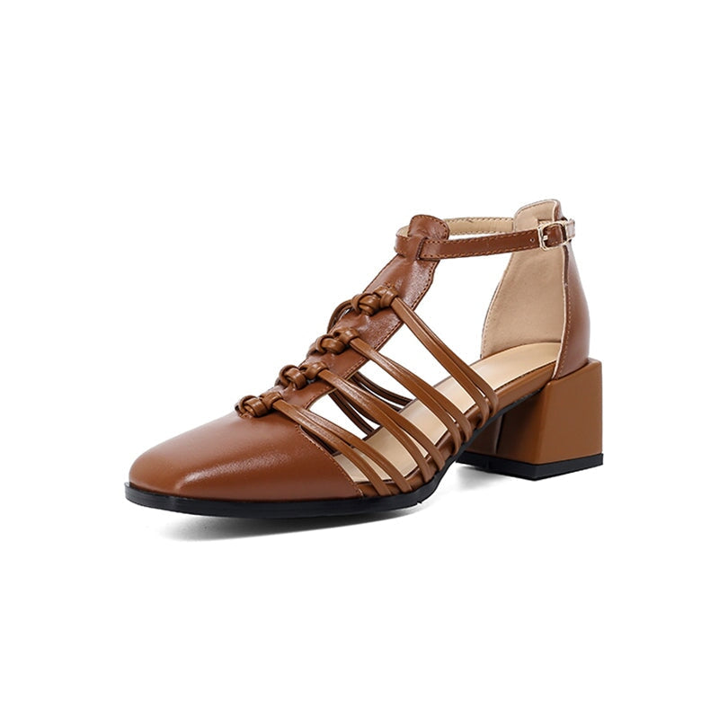 Casual Woven Strappy T-Strap Block Heel Cow Leather Sandals in Brown/Black/Beige