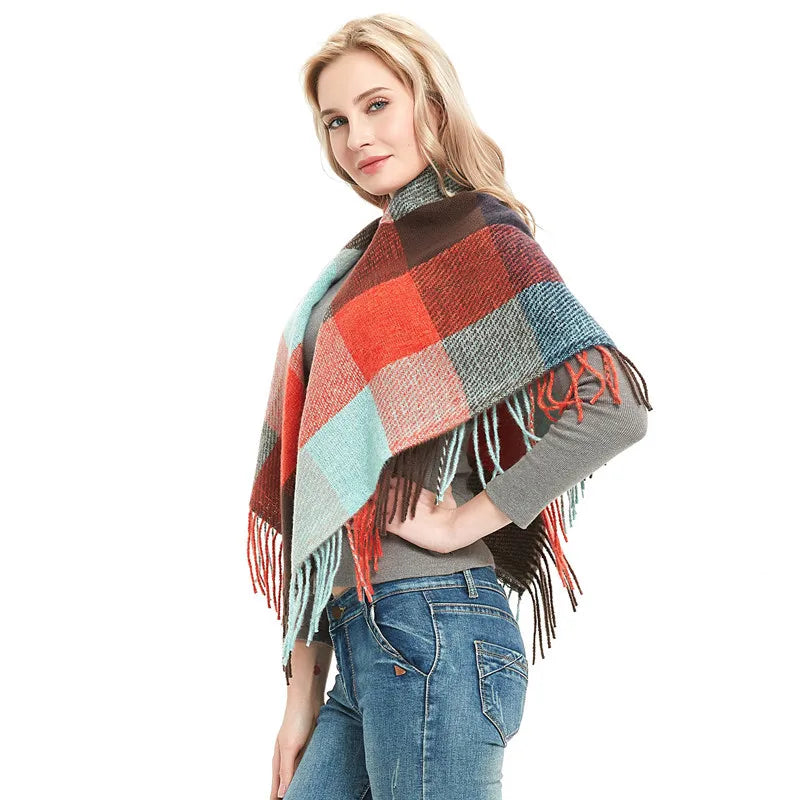 Scarf Women Tonglu Autumn And Winter New Polyester Spiny Hair Long Tassel Plaid Square Scarf Factory Direct Supply Shawl