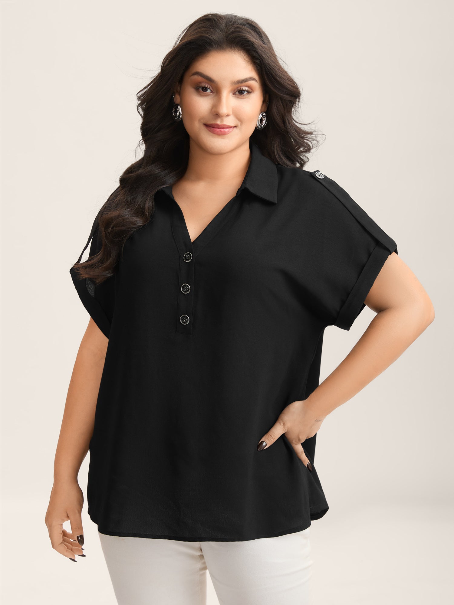 Button Placket Tab Sleeve Blouse