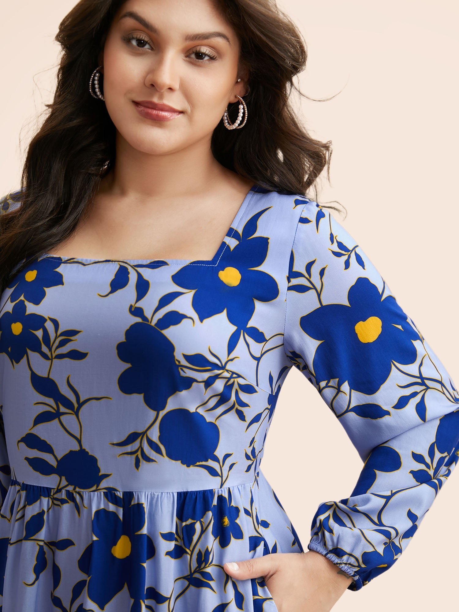 Square Neck Floral Patchwork Ruffle Hem Dress