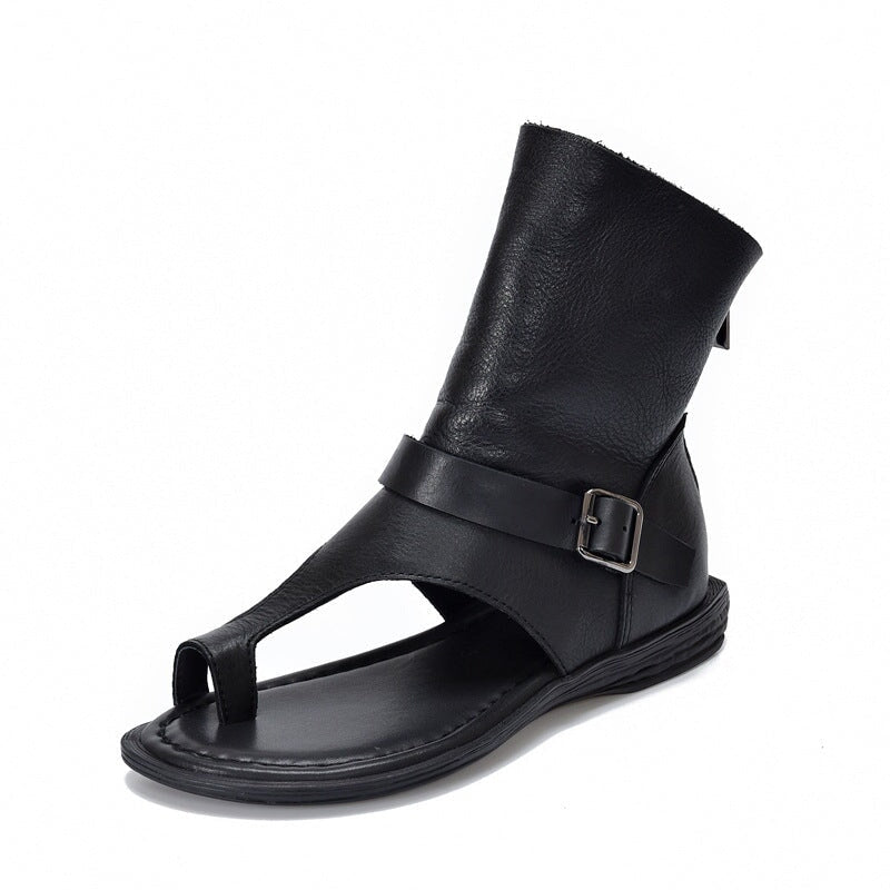 Leather Gladiator Toe Ring Flat Sandals Summer Roman Ankle Boots with Buckle & Back Zipper in Coffee/Black