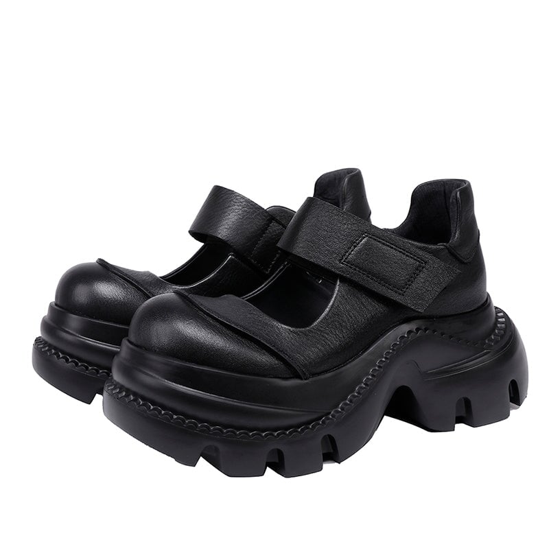 Vintage Style Cowhide 52mm Chunky Heel Platform Mary Jane Shoes in Black/Light Brown