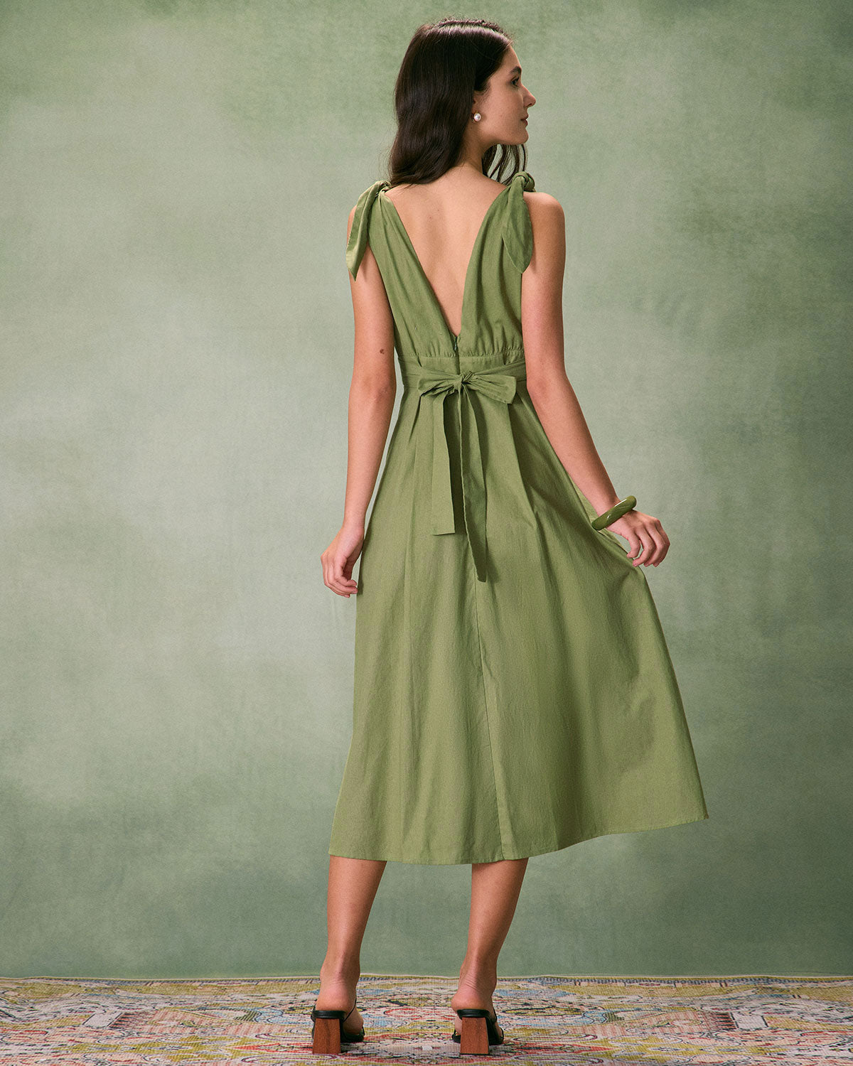 The Green Tie Strap Backless Midi Dress