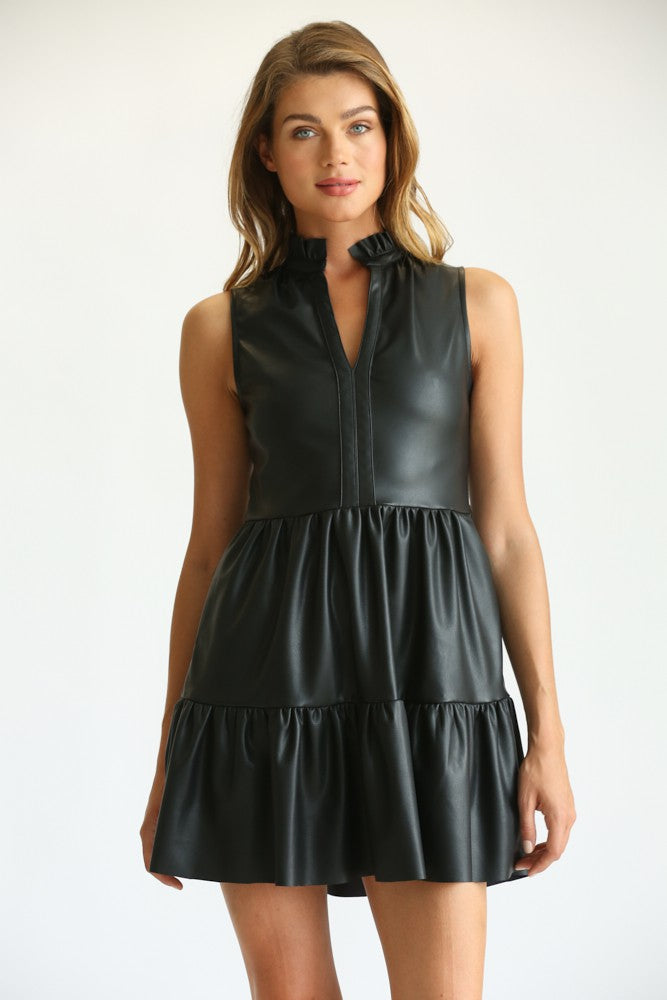 Vegan Leather Sleeveless Ruffle Dress