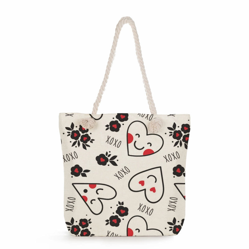 Women's Cotton And Linen Heart Shape Classic Style Square Zipper Tote Bag