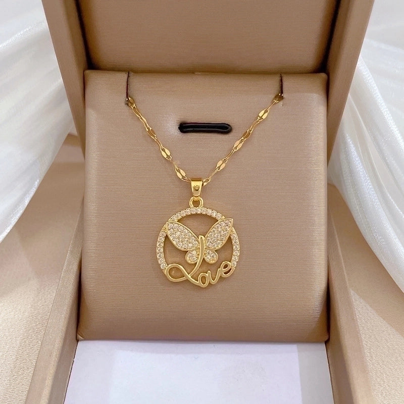 Minimalist Butterfly Titanium Steel Copper Plating Inlay Zircon Pendant Necklace