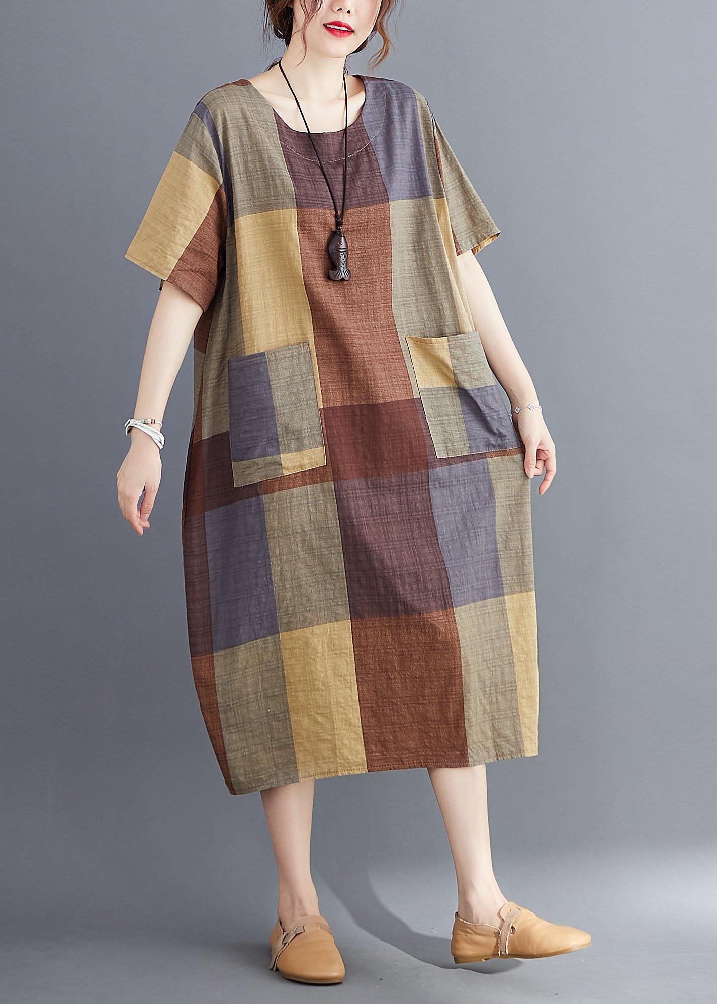 Stylish Blue O Neck Plaid Maxi Dresses Cotton Linen Summer