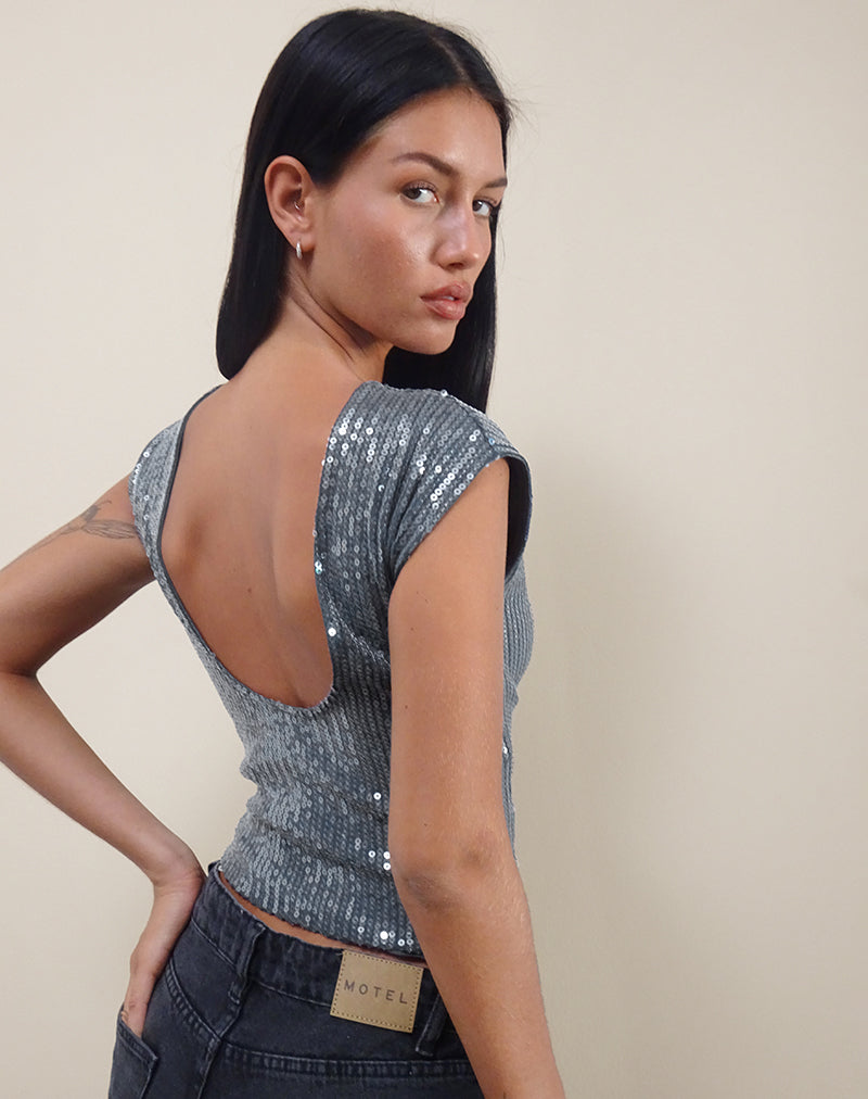 Erika Low Back Top in Shimmer Sequin Charcoal