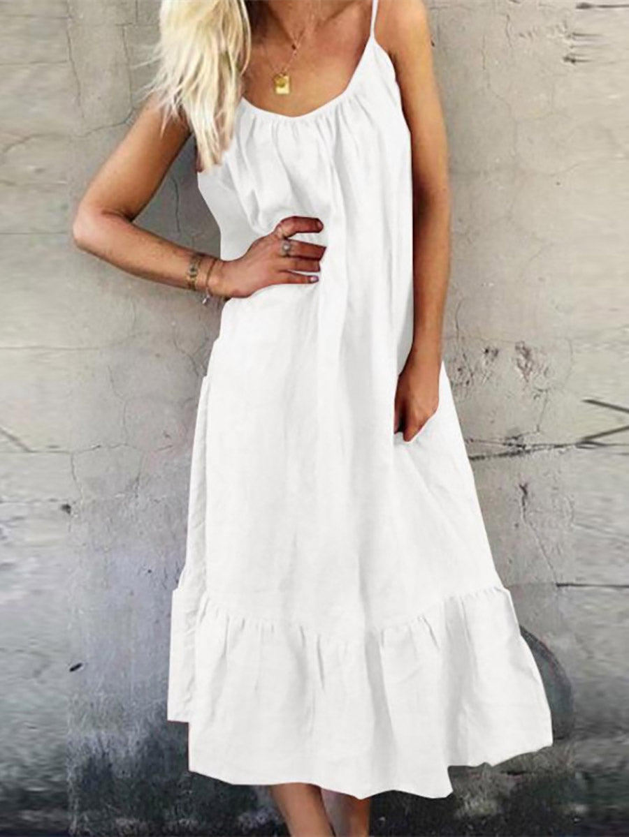 Cotton Linen Halter Solid Color Ruffle Dress