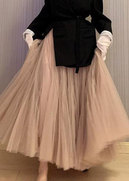 Elegant Pink Wrinkled High Waist Tulle Skirt Spring