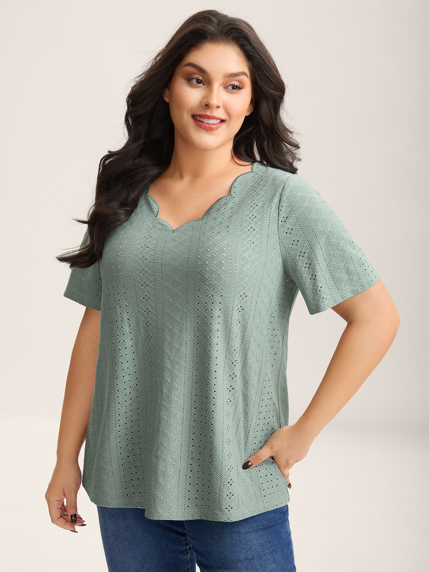 Eyelet Trim Scalloped Neck Stretchy T-Shirt
