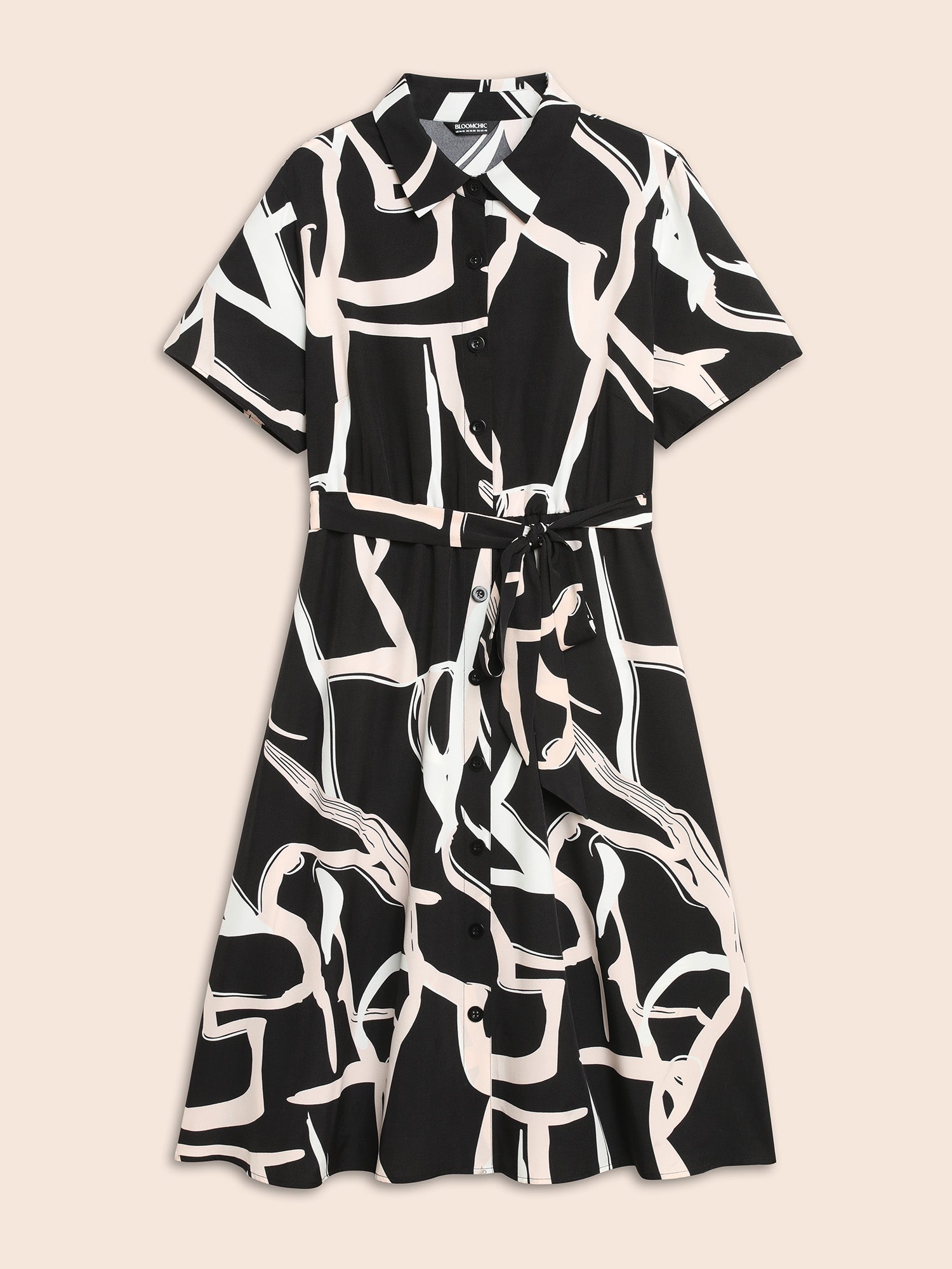 Geometric Shirt Collar Belted Midi Dress