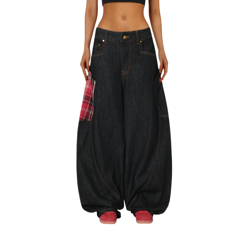 Plaid Pocket Barrel Jeans