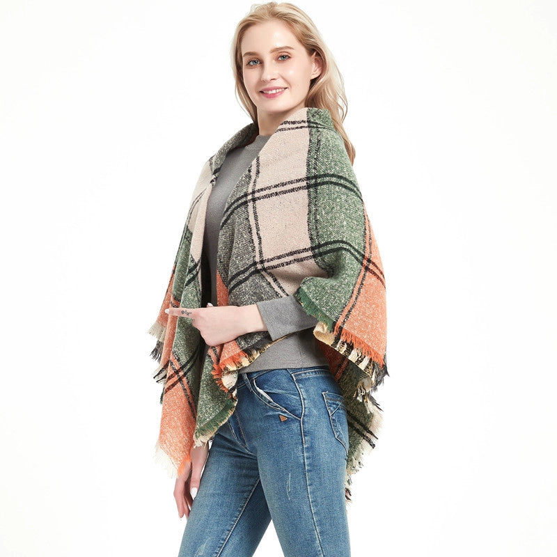 Hot New Autumn And Winter Square Scarf Split Women's Shawl Bristle Triangular Binder Plaid Scarf
