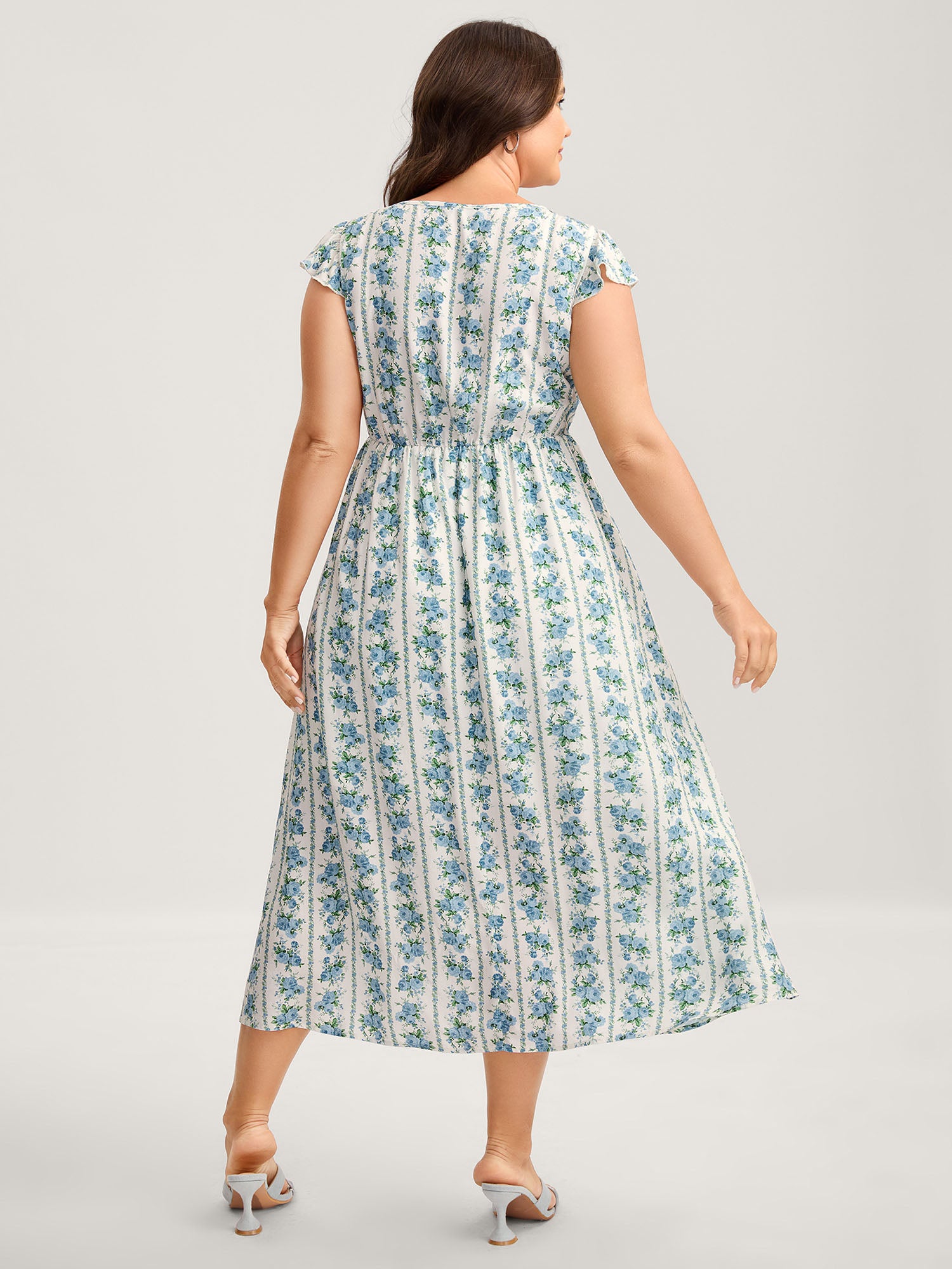 Floral Stripe Flutter Sleeve Maxi Dress