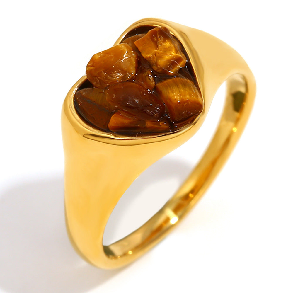 Retro Niche Hand Jewelry Stainless Steel Plated 18K Gold White Jade Gravel Adhesion Love Ring