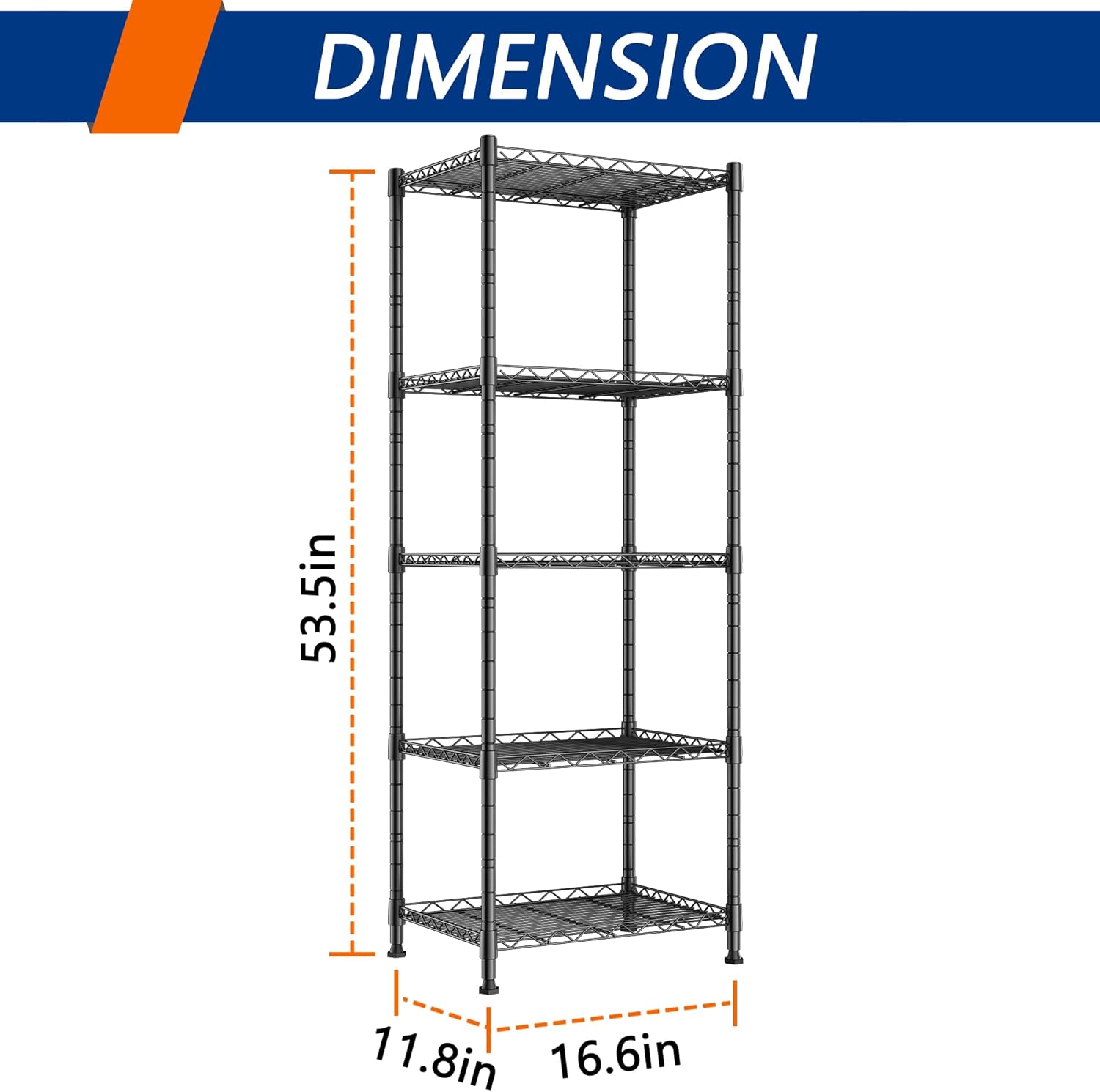 REGILLER 5-Wire Shelving Metal Storage Rack Adjustable Shelves.Standing Storage Shelf Units for Laundry Bathroom Kitchen Pantry Closet(Black.11.8 D x 16.6 W x 53.5 H)