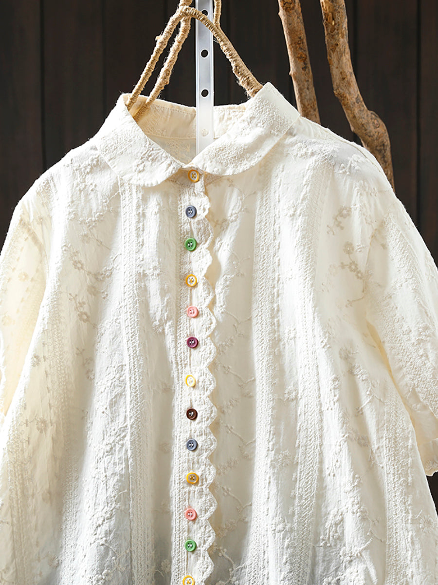 Women Artsy Jacquard Turn-down Collar 100%Cotton Shirt