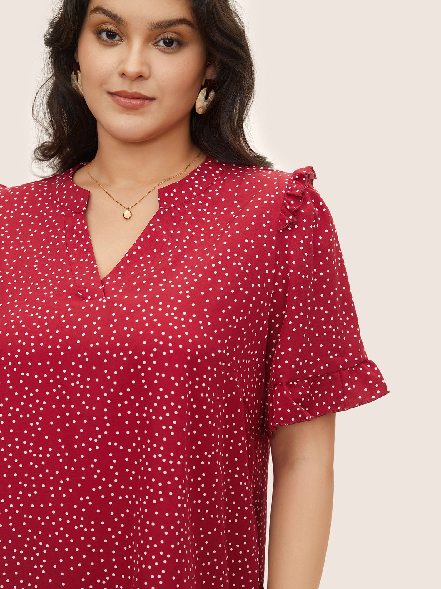 Polka Dot V Neck Ruffle Trim Blouse