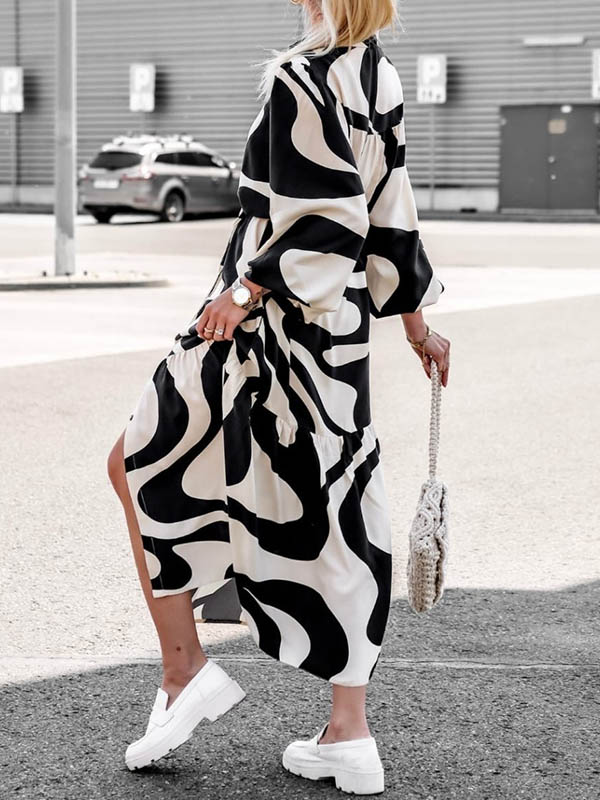 Long Sleeves Loose Contrast Color Pleated Printed Split-Joint Tied Waist Lapel Shirt Dress