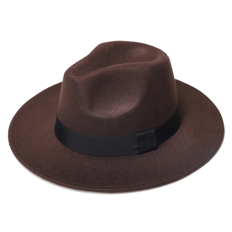 Autumn And Winter New Square Ribbon Panama Top Hat British Style Flat Rim Jazz Hat Woolen Hat Men