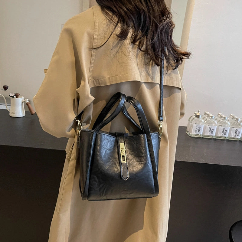 Women's Pu Leather Solid Color Basic Sewing Thread Bucket Lock Clasp Shoulder Bag Handbag Crossbody Bag