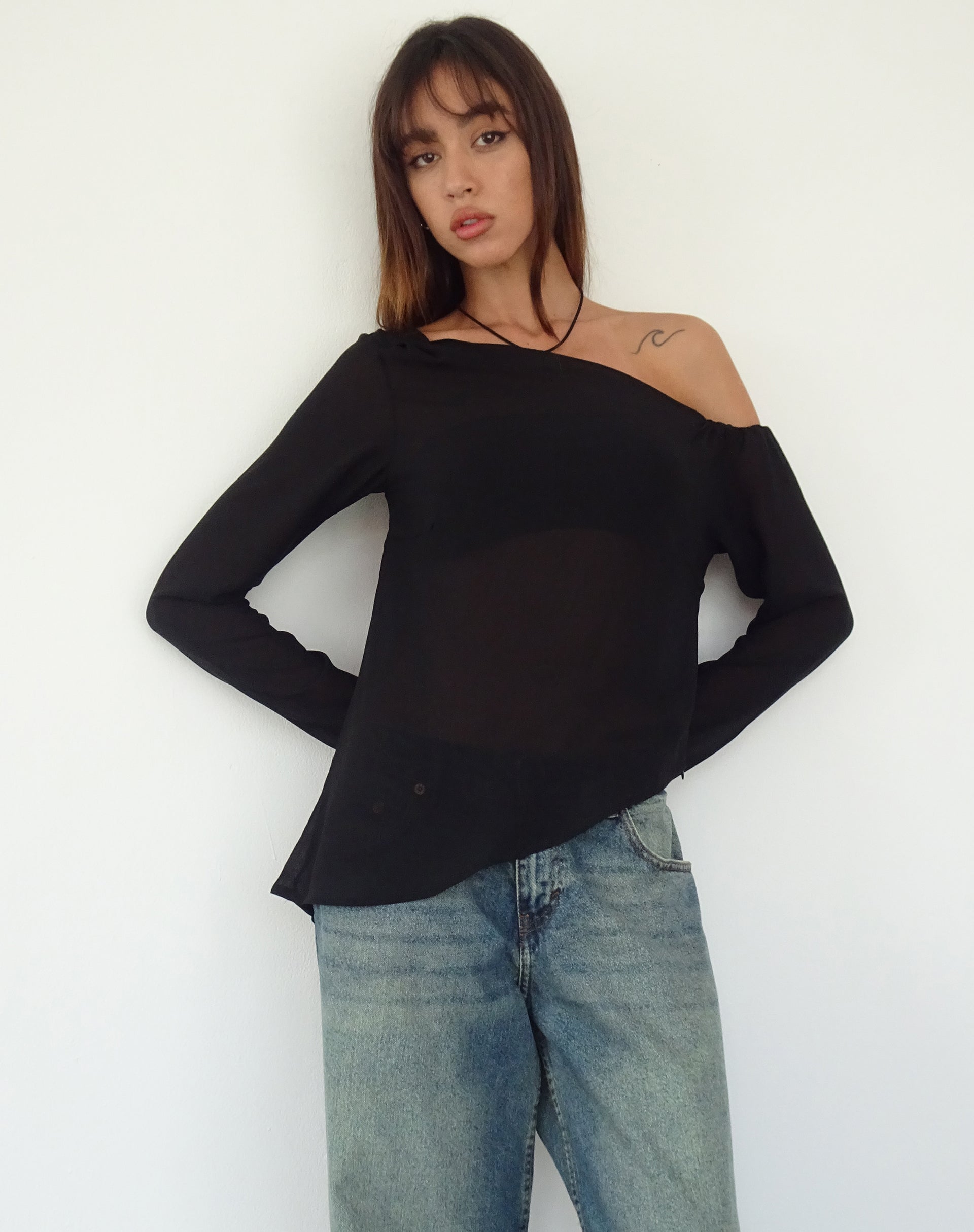 Riot Asymmetric Longline Top in Black Chiffon