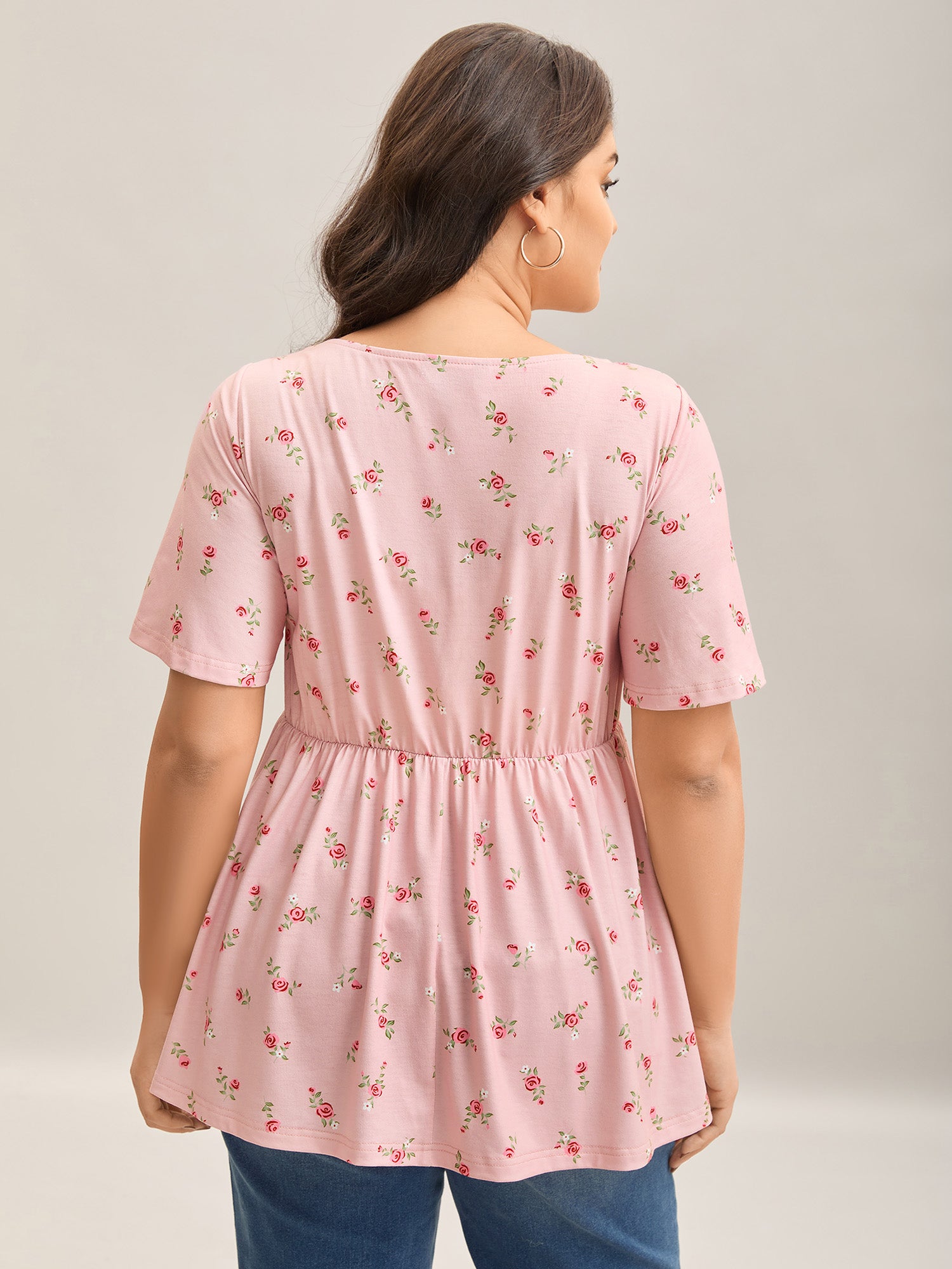 Flirty Floral Print Shirred Knit Top