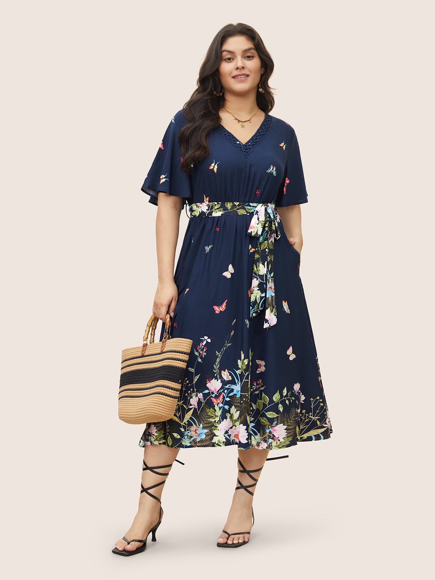 Floral & Butterfly Print Contrast Lace Pocket Belted Ruffles Dress