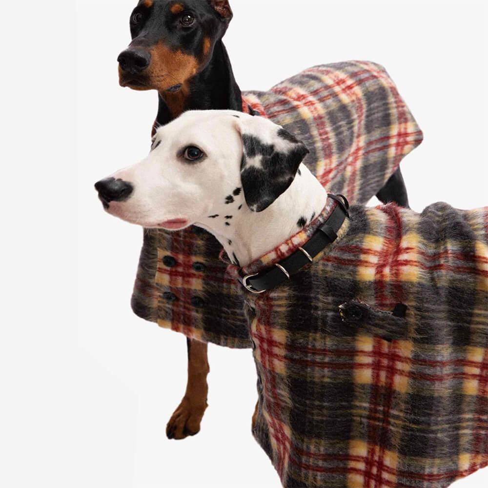 Vintage Plaid Wool With Refined Leather Collar & Button Dog Cape