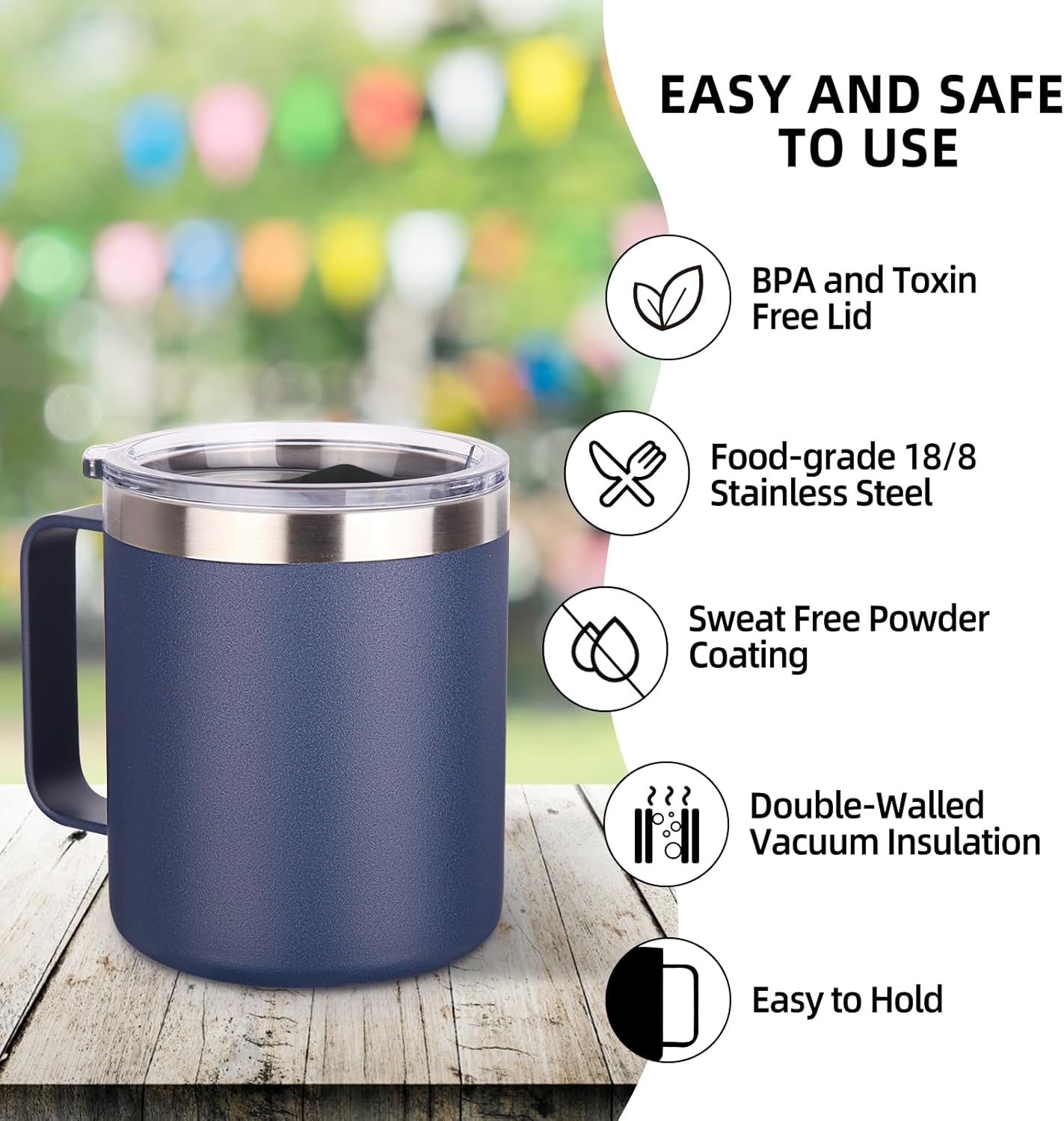 Volhoply 14oz Insulated Stainless Steel Coffee Mug with Leakproof Lid,Double Wall Vacuum Travel Coffee Cup with Handle,Reusable Metal Tumbler,Camping Mugs Keep Hot/Cold,Christmas Gifts(Black,1