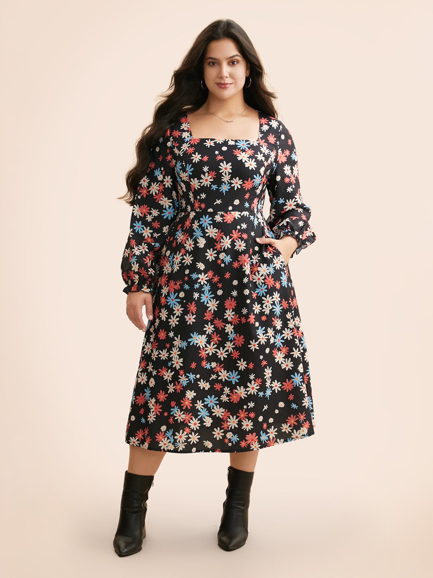 Floral Square Neck Lantern Sleeve Dress