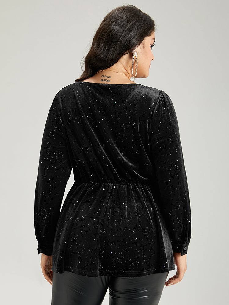 Glitter Sequin Velvet Twist Front V Neck Blouse