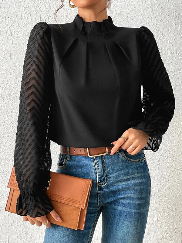 Long Sleeves Loose Elasticity Mesh Pleated Solid Color Mock Neck Blouses&Shirts Tops