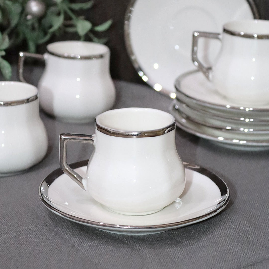 Silver Top Porcelain Coffee Cups & Saucers Set (6pcs)