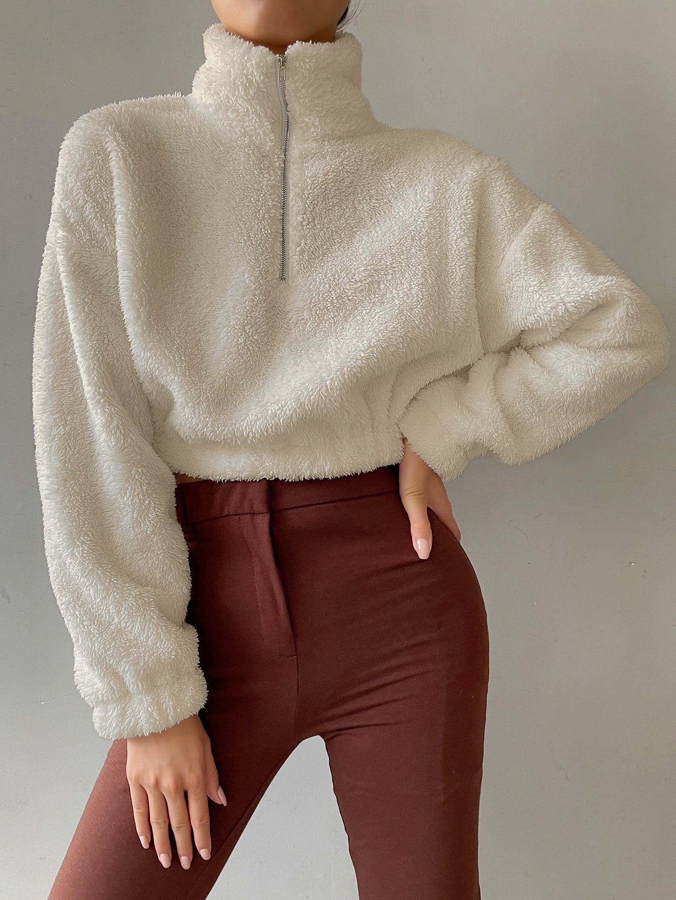 Half Zip Drop Shoulder Teddy Sweatshirt