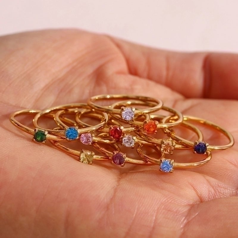 Fashion Round 304 Stainless Steel Artificial Gemstones Birthstone 18K Gold Plated Plating Inlay Rings