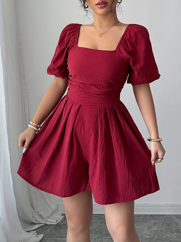 A-Line Half Sleeves Elasticity Pleated Solid Color Square-Neck Rompers