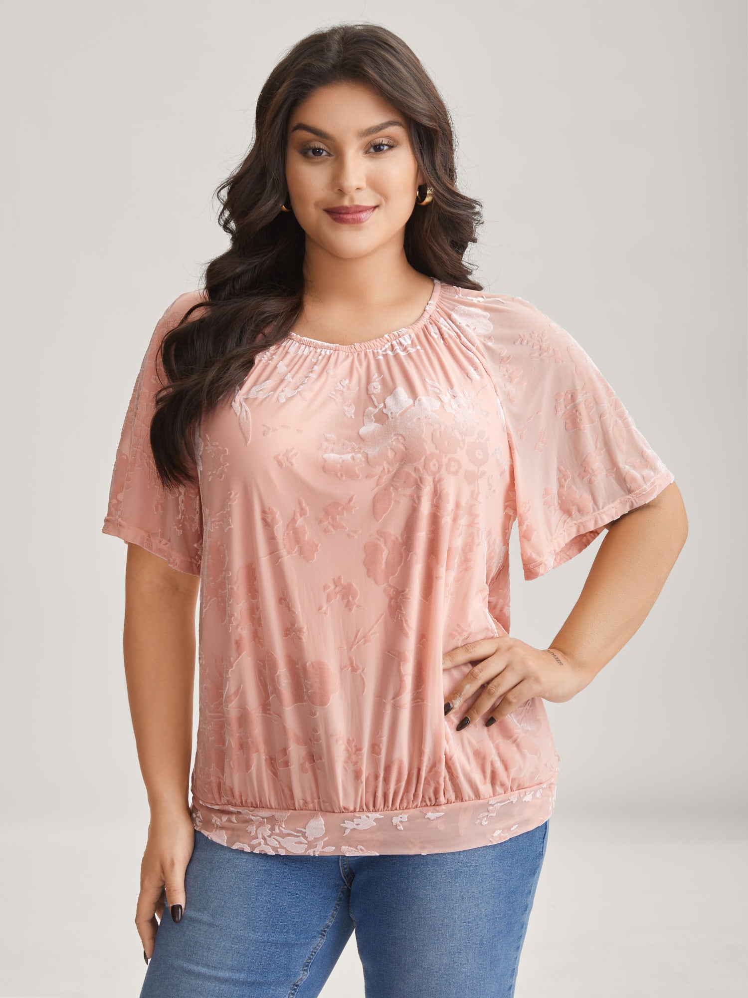 Textured Stretchy Sheer Crew Neck T-Shirt