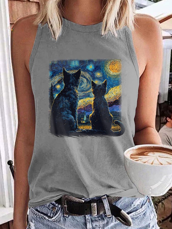 Women's Starry Night Black Cat Print Vest