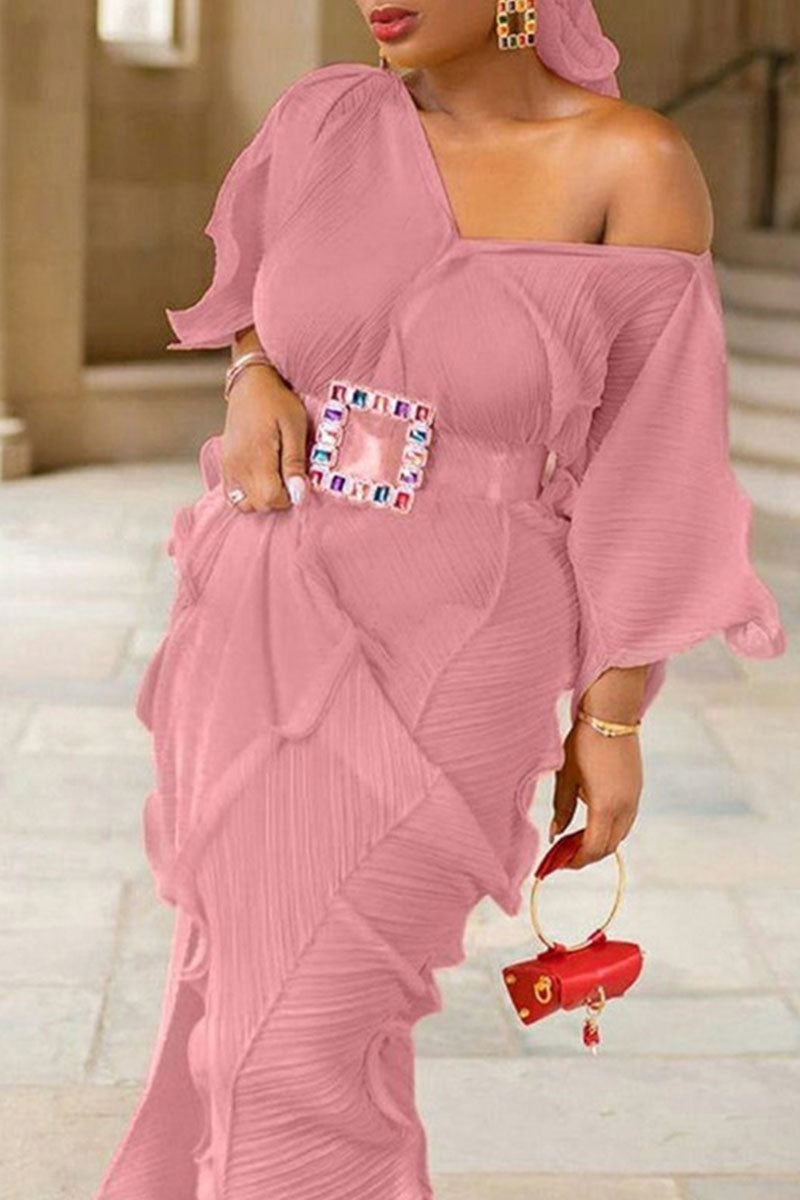 Elegant Solid Patchwork Flounce With Belt V Neck One Step Skirt Dresses