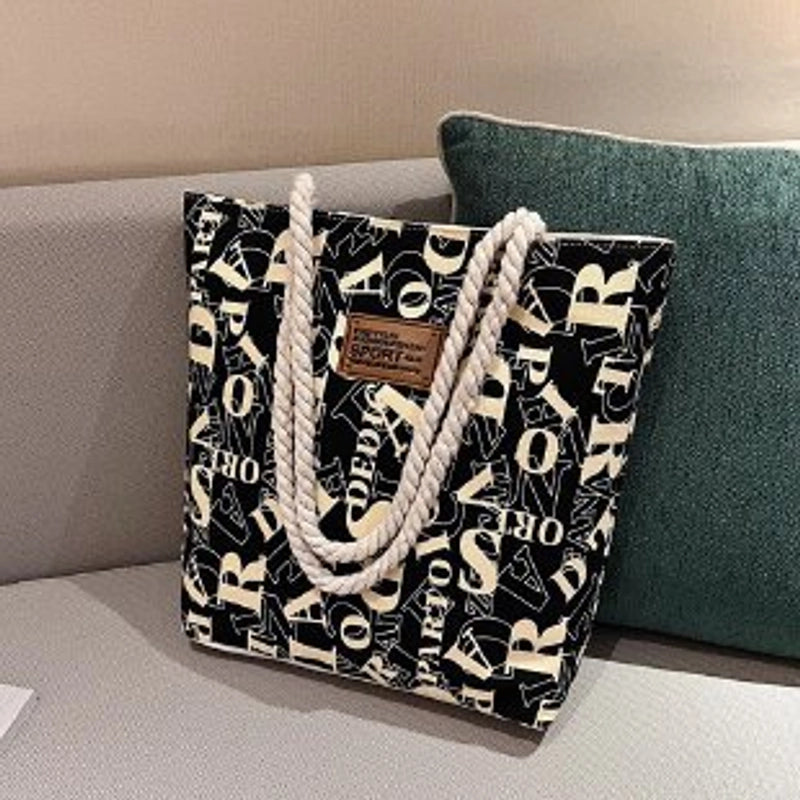 Women's Large Canvas Letter Streetwear Square Zipper Tote Bag